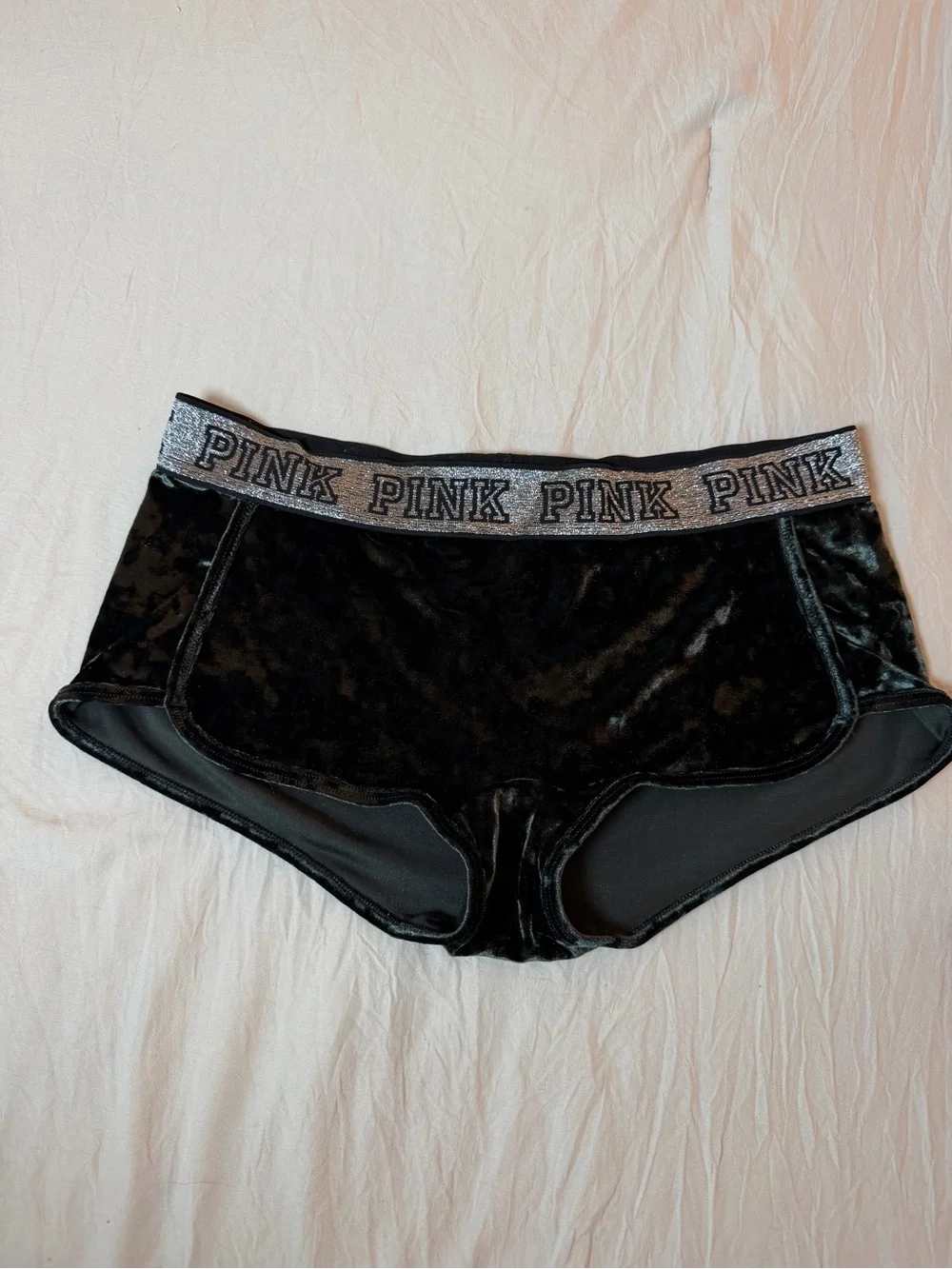 PINK Victoria's Secret Black Velvet Boyshorts with Silver Logo Waistband